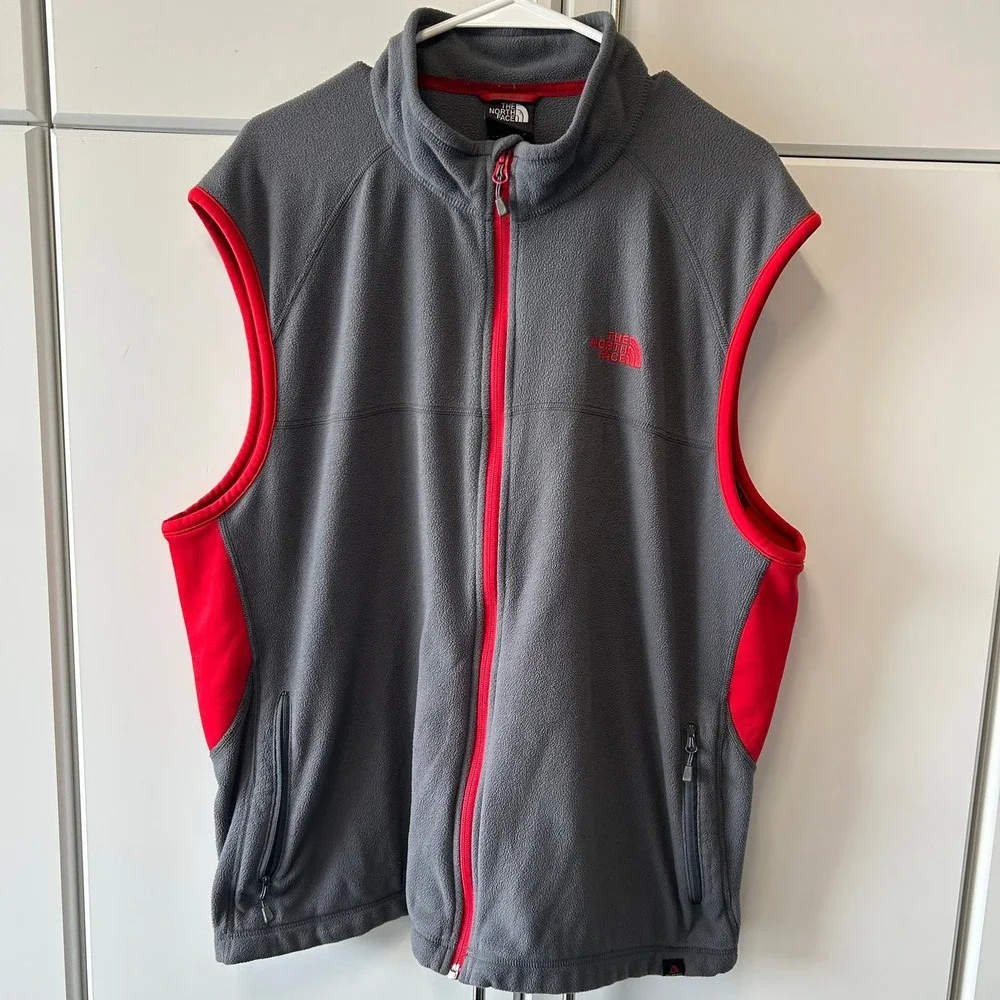 The North Face Mens Full Zip Fleece Vest Gray Red XXL Outdoor Hiking Layering